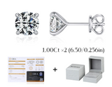Diamond stud earrings with heart and round cut stones, accompanied by a GRA certificate and Modian packaging on a white background.