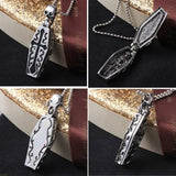 Collage of silver pendant necklace of a coffin that opens inside and lies a skeleton inside