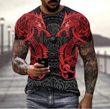 Man wearing a black and red tattoo-style t-shirt with a blurred background