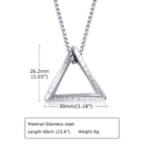 Silver triangle pendant necklace with measurements and material details on a white background