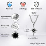 Star-shaped pendant necklace with certification logos and product features on a white background