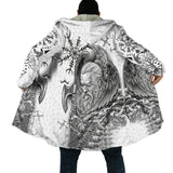 White jacket with black intricate Norse designs and patterns on a white background
