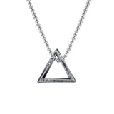 Silver triangle pendant necklace on a white background
