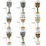 Set of decorative goblets with various designs and measurements on a white background