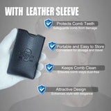 Black leather sleeve for a comb with features listed on a gray background
