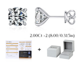 Diamond earrings with heart and round designs, accompanied by a grading report and packaging box on a white background.