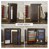 Brown leather wallet with various compartments on a wooden surface.