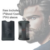 Black comb and leather case with a man with a beard in the background
