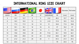 International ring size chart with flags and measurements