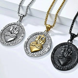 Three religious-themed necklaces with pendants on a white background