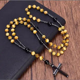 Tiger Eye Stone Beaded Cross Rosary Necklace