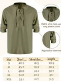 Green long-sleeve shirt with lace-up details and size chart on a beige background