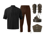Black shirt and brown pants with accessories on a white background