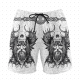 Shorts with a black and white design of a bearded warrior with horns on a white background