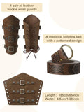 Brown leather wrist guards and belt with patterned design on a beige background