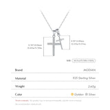 Silver necklace with pendant on a light blue background, showing measurements and brand details.