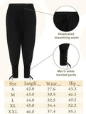 Black ankle banded pants with elastic drawstring waist and size chart on a beige background