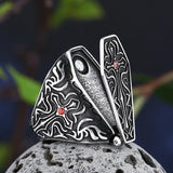 Gothic Coffin Ring with Red Stone