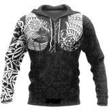 Black hoodie with white Viking designs on a white background