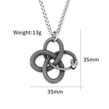 Silver snake-shaped pendant necklace with measurements and weight on a white background