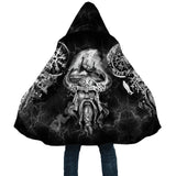 Black hooded cloak with Viking design and runic patterns on a white background
