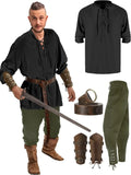 Man in medieval outfit with black shirt, green pants, and brown boots, surrounded by clothing items on a white background.