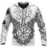 Hoodie with black and white Norse design on a white background