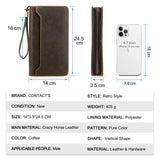 Brown leather phone case with dimensions and product details on a white background