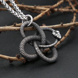 Silver snake pendant necklace on a branch against a dark background