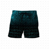 Teal shorts with a pattern on a white background