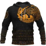 Black hoodie with gold Norse design on a white background