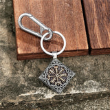 Keychain with a square pendant featuringRunes on a wooden surface.