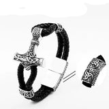 Thor's hammer Black braided bracelet with silver Thor hammer on a white background