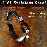 Thor's hammer Black braided leather bracelet with silver accents and viking rune characters on a rusty metal background.