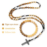 Beaded necklace with cross pendant on a white background, featuring tiger eye, aventurine, and yellow jade stones.