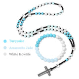 Necklace with turquoise, amazonite jade, and white howlite beads with a cross pendant on a white background.
