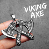 Viking axe pendant held in a hand with 'Viking Axe' text on a gray background