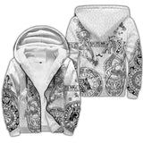 White hoodie with black intricate patterns and designs on a white background