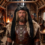 Man in Viking armor standing in a wooden cabin with other Vikings in the background.