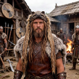 Man in Viking attire with fur and leather clothing, standing in a rustic village setting.