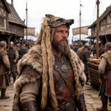 Man in Viking costume with fur hood and leather armor in a medieval marketplace setting.