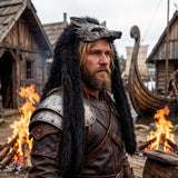 Man in Viking attire with a fur headdress and armor, standing in front of wooden huts and a boat.