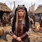 Woman in Viking attire wearing a wolf mask with fur on her head holding an axe in a historical setting with boats and huts.