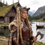 Shieldmaiden in Viking attire wearing a wolf mask holding an axe with a scenic background of a lake and wooden cabin.