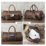 Brown leather duffel bag shown from multiple angles on a wooden surface with a gray textured background.