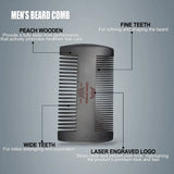 Men's beard comb with features highlighted on a gray background