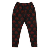  black jogger-style pants with a repeating red circular viking symbol pattern