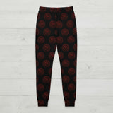  black jogger-style pants with a repeating red circular viking symbol pattern