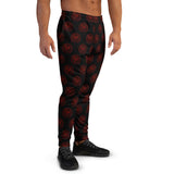  black jogger-style pants with a repeating red circular viking symbol pattern