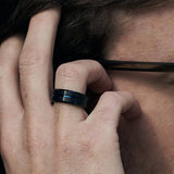 Black and Blue Grooved Tungsten Ring Viking Warriors